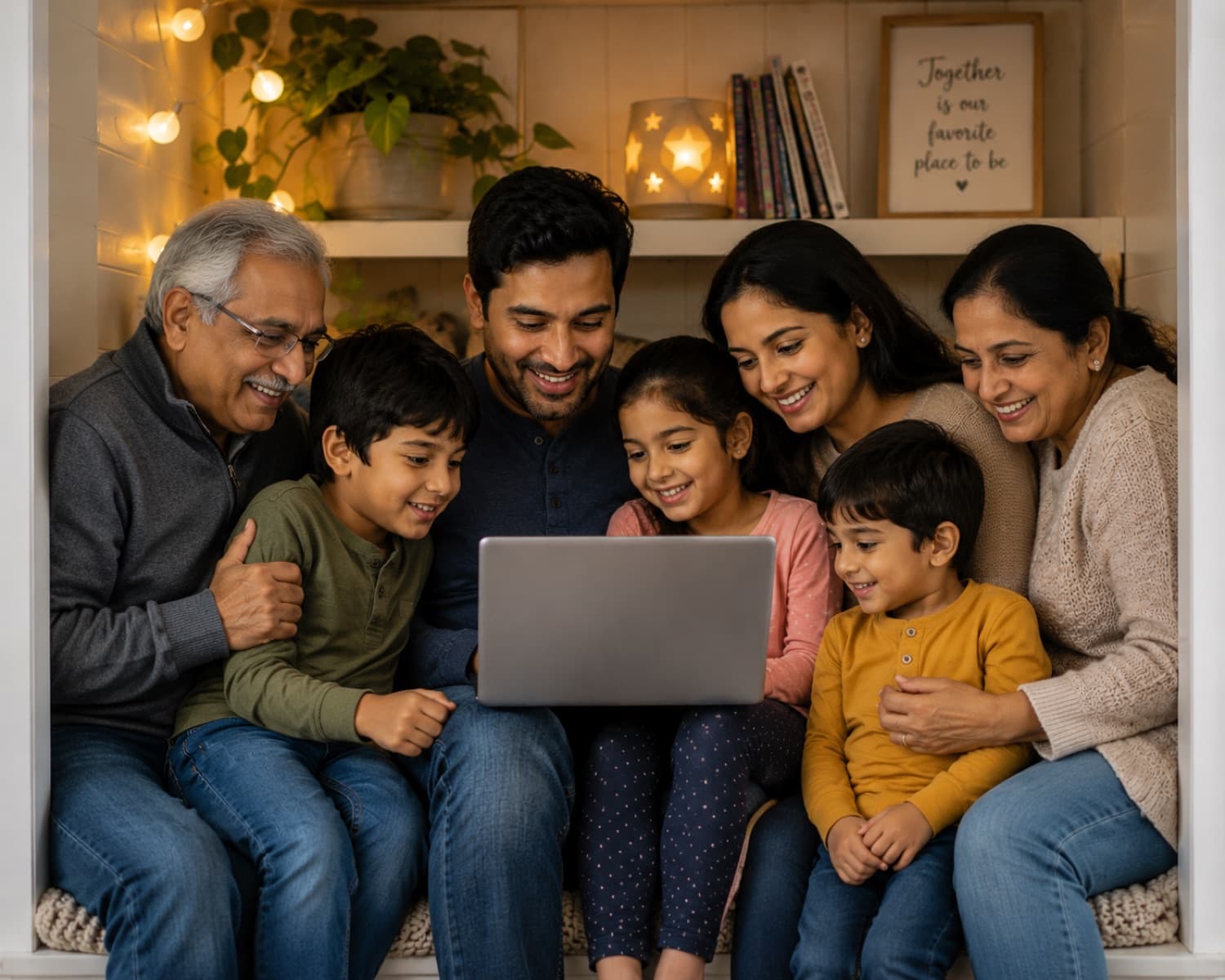 A multigenerational family gathered together in a warm, lamp-lit nook